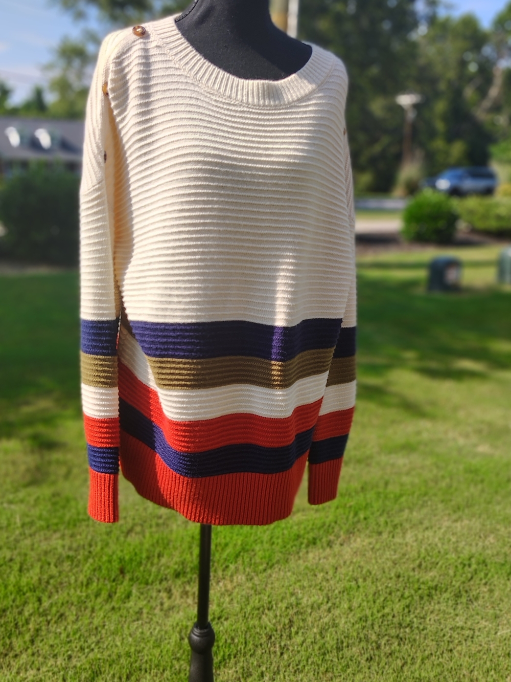 Cream Striped Crewneck Sweater with Red & Navy Accents